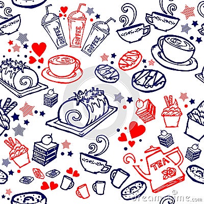 various coffee,cake,cupcake,Sandwich,cookie , appetizer and beverage seamless pattern sketch drawing line by red and blue pen vect Stock Photo