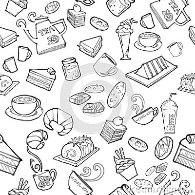 Various coffee,cake,cupcake,Sandwich,cookie , appetizer and beverage seamless pattern sketch drawing line Stock Photo