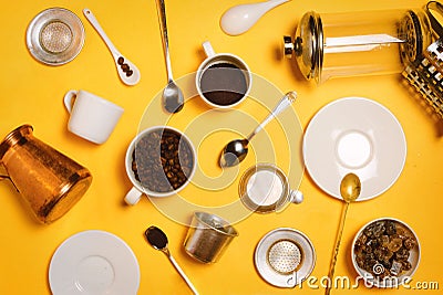 Various coffee making accessories, equipment and utensils: cezve, french press, vietnamese Phin filter etc Stock Photo