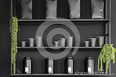 Various Coffee Products Displayed on Modern Shelves Stock Photo