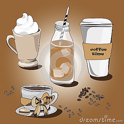 Various coffees. Vector illustration on brown background Vector Illustration