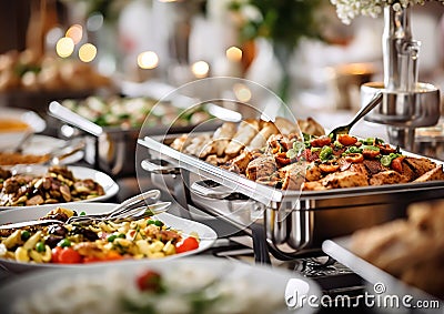 Various cold and hot food catering buffet for various events,weddings and other hotel guests.Macro.AI Generative Stock Photo