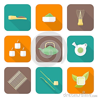 Various color flat style japan tea ceremony equipment icons set Vector Illustration