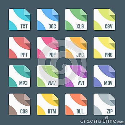 Various color flat style minimal file formats icons set Vector Illustration