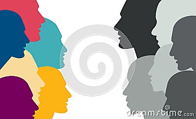 Various color people head in dialogue. Vector Illustration