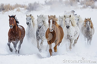 horses running in the snow Stock Photo