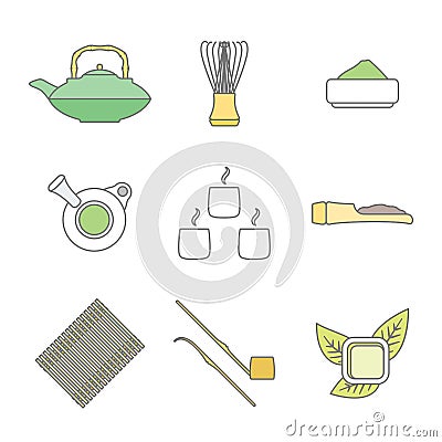 Various colored outline japan tea ceremony equipment icons set Vector Illustration