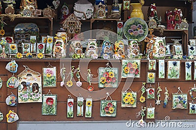 The various colored souvenirs and gifts for selling to tourisrs at port shop area of Lake Konigssee Bavaria, Editorial Stock Photo