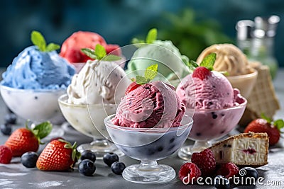 Various colorful ice cream sorts with fruits Stock Photo