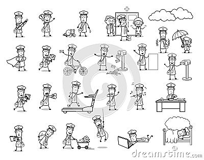 Various Comic Postman Drawing Art - Set of Concepts Vector illustrations Cartoon Illustration