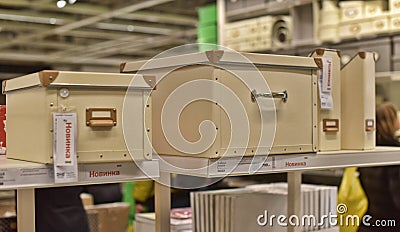 Various containers and boxes for storage Editorial Stock Photo