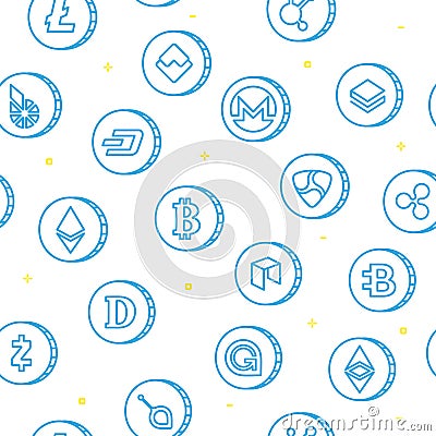 Various cryptocurrency symbols seamless pattern outline drawing Vector Illustration
