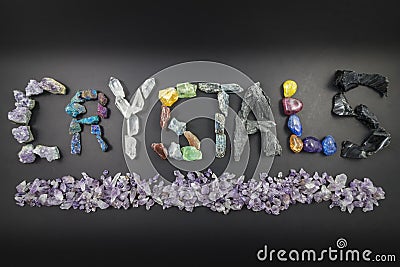 Various Crystals Spelling the word Crystals Stock Photo