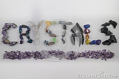 Various Crystals Spelling the word Crystals Stock Photo