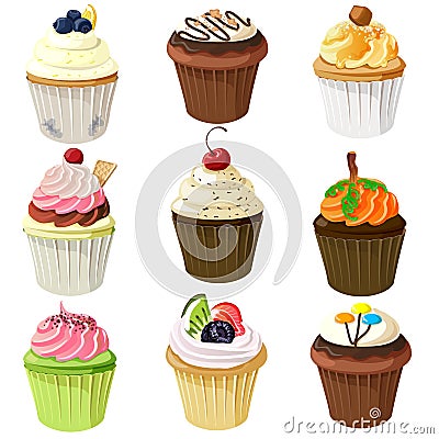 Various cupcake set with different topping Vector Illustration