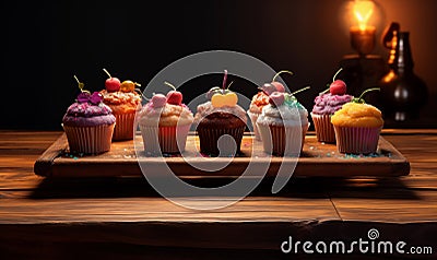 Various cupcakes sitting on a board in the kitchen. Stock Photo