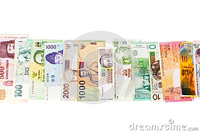 Various currencies banknotes isolated on white Stock Photo