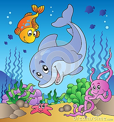 Various cute animals at sea bottom Vector Illustration