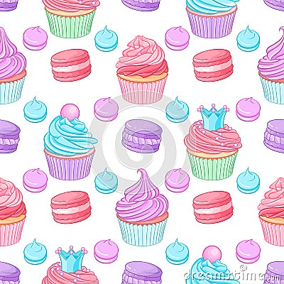 Various cute bright colorful blue, pink and purple desserts. Seamless vector pattern on white background. Vector Illustration