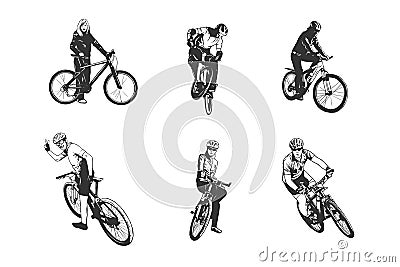 Various cycling poses in black and white silhouettes. Vector Illustration