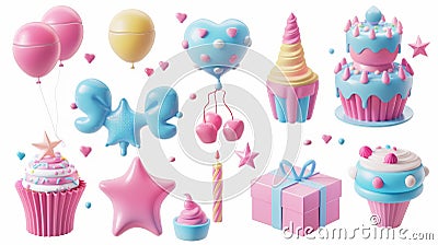 Various 3D modern realistic objects including toy balloons, hearts, star symbols, cupcakes, cakes, and gift boxes. Stock Photo