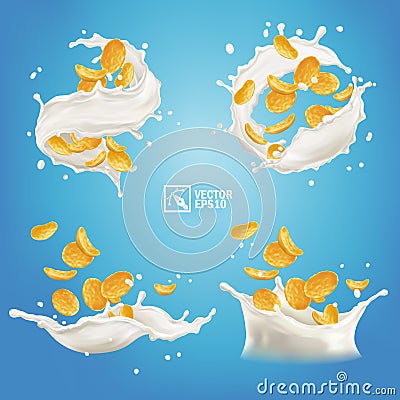 Various 3d realistic splashes of corn flakes or cereals in milk or yogurt Vector Illustration