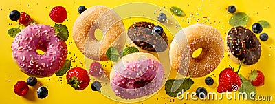 Various decorated doughnuts with sprinkles and berries in motion falling on yelloy background Stock Photo