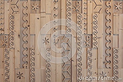 various decorative milled patterns in pine wood Stock Photo