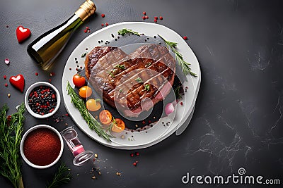 Various degrees of doneness of beef steak in the shape of a heart with spices, flowers on a stone dark background with Stock Photo