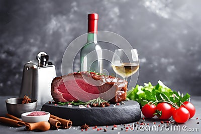Various degrees of doneness of heart-shaped beef steak with spices, flowers and a bottle of wine on a stone dark Stock Photo