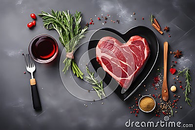 Various degrees of doneness of heart-shaped beef steak with spices, vegetables and a glass of wine on a dark stone Stock Photo