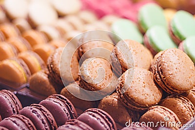 Various delicious macarons on a showcase Stock Photo
