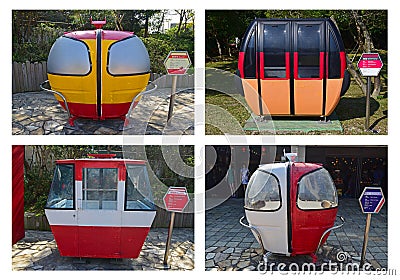 Various design of retired cabin cable cars from different attractions around Europe Editorial Stock Photo