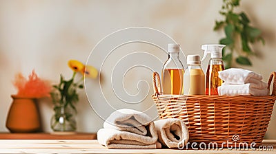 Various detergents for washing and cleaning, colored towels in wicker basket, on light tabletop with green plants Stock Photo