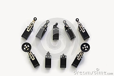 Various and different type of limit switch contactor for automatic feed and cnc automation machine in industrial Stock Photo