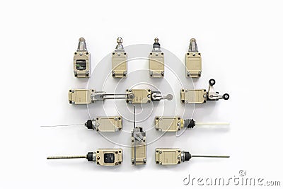Various and different type of limit switch contactor for automatic feed and cnc automation machine in industrial Stock Photo