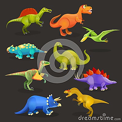 Various dinosaurs set of Jurassic period. Funny cartoon creatures Vector Illustration