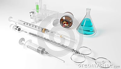 Various doctor medical equipment on white background. Medical tools. Syringe, pills and medicine. 3d render Stock Photo