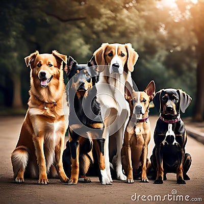 Different dogs in a line - ai generated image Stock Photo