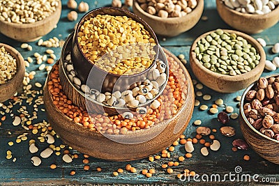 Various dried legumes high angle view Stock Photo