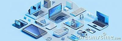Various electronic devices like computers, laptops, and liaisons are organized in a circle. Ideal for computer service Stock Photo