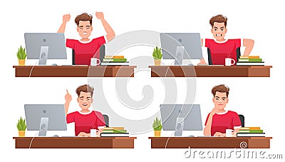 Various emotions of a person working in the office at the computer. The employee rejoices, in horror, in thought, an idea came Vector Illustration