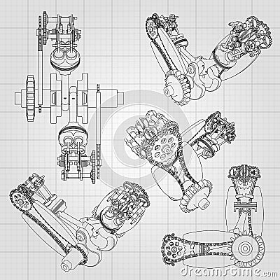 Various engine components, pistons, chains, nozzles and valves are depicted in the form of lines and contours. 3D Vector Illustration