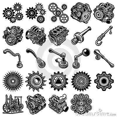 Various Engine Parts Arranged Together Vector Illustration