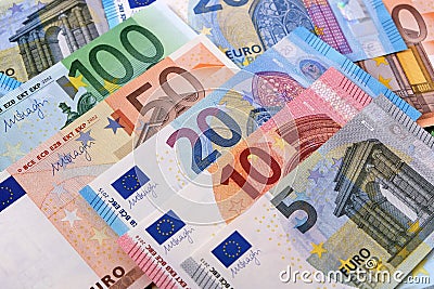 Various Euro currency notes background Stock Photo