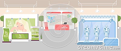 Various exhibit booths vector trade area interior Cartoon Illustration