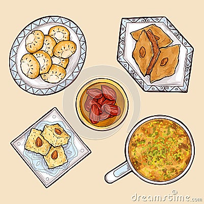 Various oriental sweets cartoon vector collection Vector Illustration