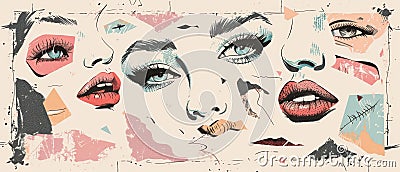 Various face parts collaged in 90s Punk style with halftones. Such as eyes, noses, lips, and ears. Offset dotted vintage Cartoon Illustration