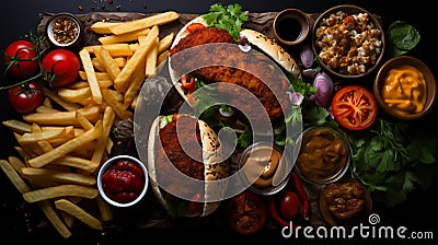 Various fast foods on the table, hamburgers, french fries, drinks, sauces Stock Photo