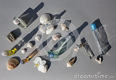 Various female and male perfume bottles with beautiful shells on gray background with interesting shadows Stock Photo